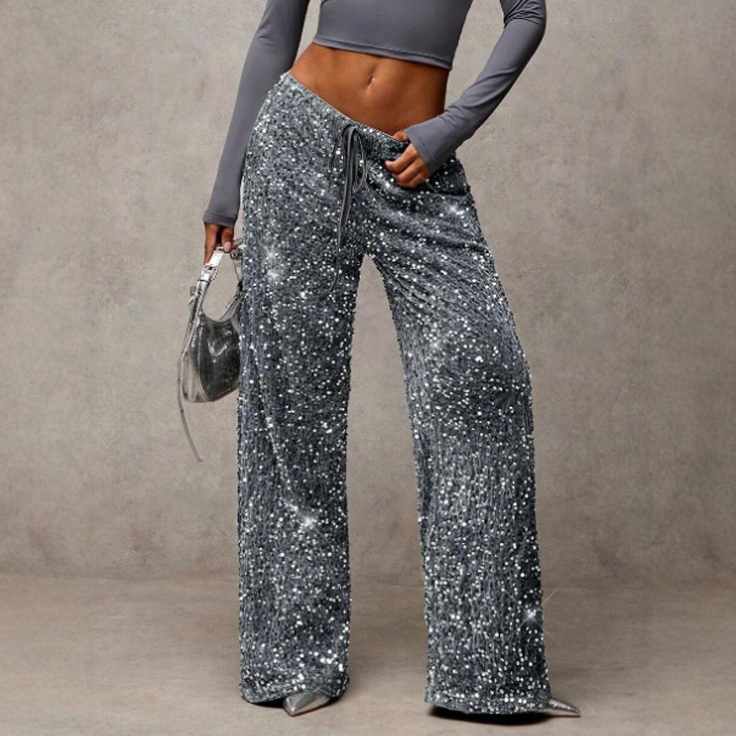 š
Women's Sequin Sparkle Wide Leg Pants with Elastic Waistband