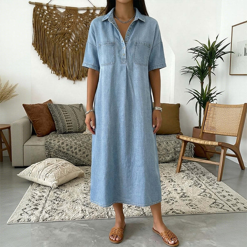 ๐ 50% OFF NOW! ๐ Casual Pocket Denim Midi Shirt Dress โ Soft denim & relaxed fit โ Functional pockets, perfect for everyday casual โ comfortable and versatile โจ๐ธ