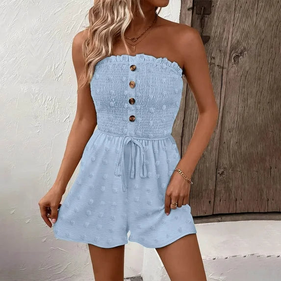 💃Women's Strapless Frill Trim Shirred Tie Front Wide Leg Tube Romper