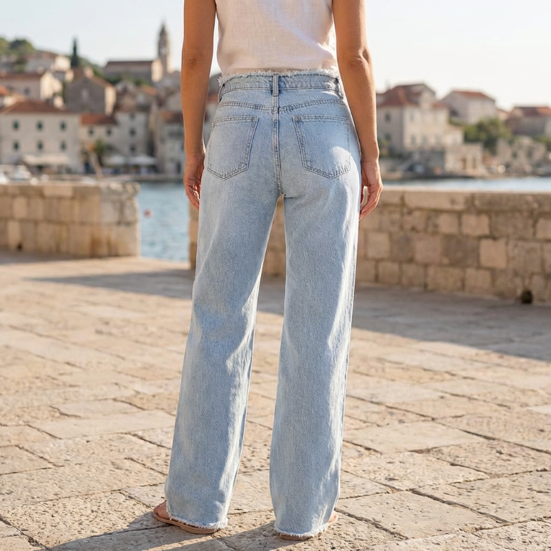 High-Waist Wide-Leg Jeans with Frayed Hem