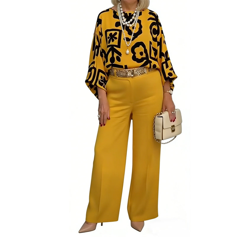 Women's Retro Graphic Print Top & Wide-Leg Pants Set