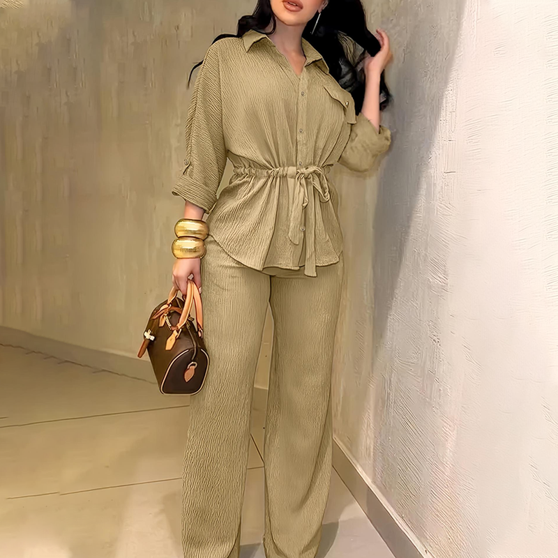 ๐ 50% OFF NOW! ๐ Women's Drawstring Shirt & Wide-Leg Pants Set โ Adjustable Waist, Flowy Trousers & Textured Fabric ๐ฟ
