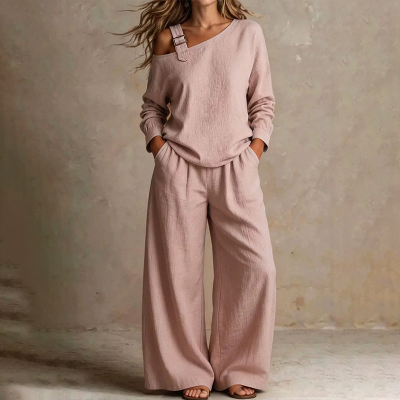 š¢š¢LIMITED-TIME 50% OFF!! š„Bestsellerš„ Off-shoulder Wide-leg Two-piece Set, Made Of Soft Blended Fabric, Creating An Elegant Dilhouette.