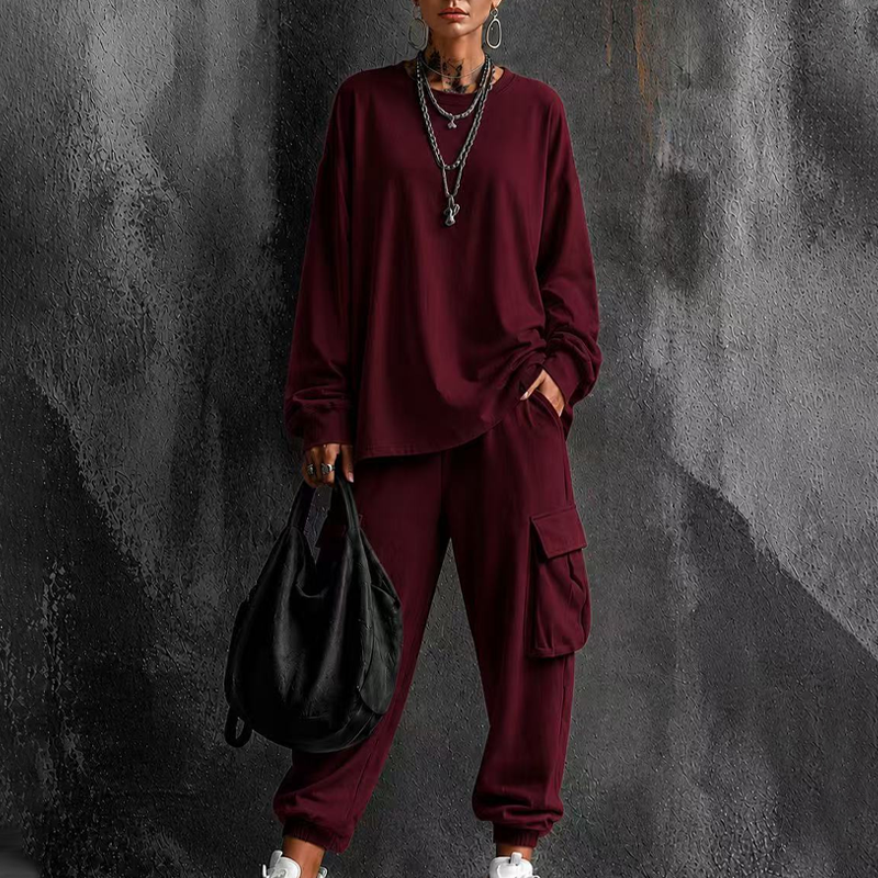 Women's Casual Crew Neck Top & Cargo Pants Set