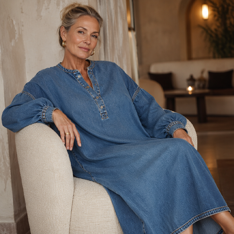 Women's Long Lantern Sleeve Maxi Denim Dress|Free Shipping!