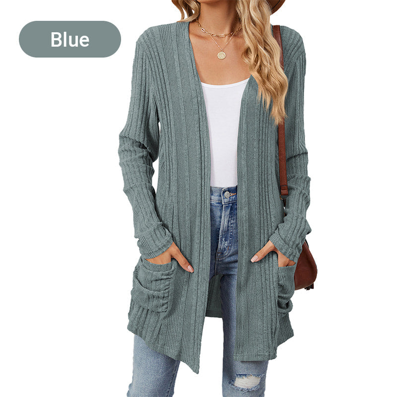 🍂 Fall Essential | Women's Striped Open-Front Long Knit Cardigan with Pockets