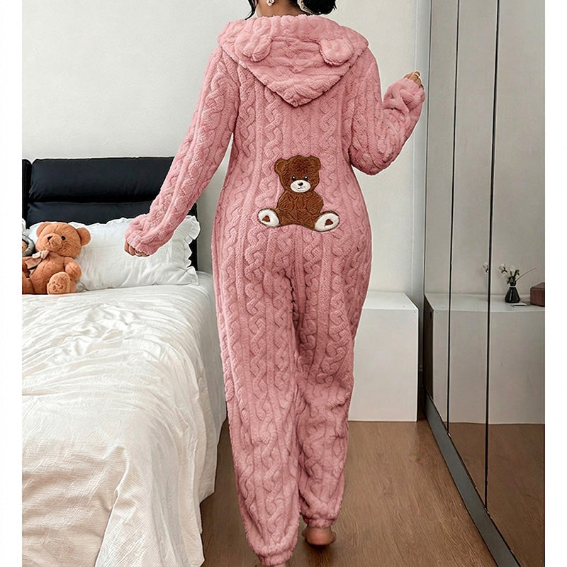 🧸 Playful Comfort ✨ Women's Bear-Embroidered Cable-Knit Hooded Loungewear