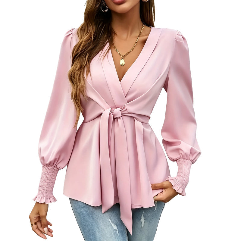 ✨ Flattering Detail | Women's V-Neck Tie-Waist Blouse