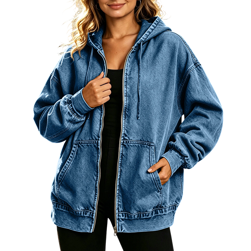 ๐ Denim Comfort, Easy Coverage | Women's Loose Zip-Up Hooded Denim Jacket