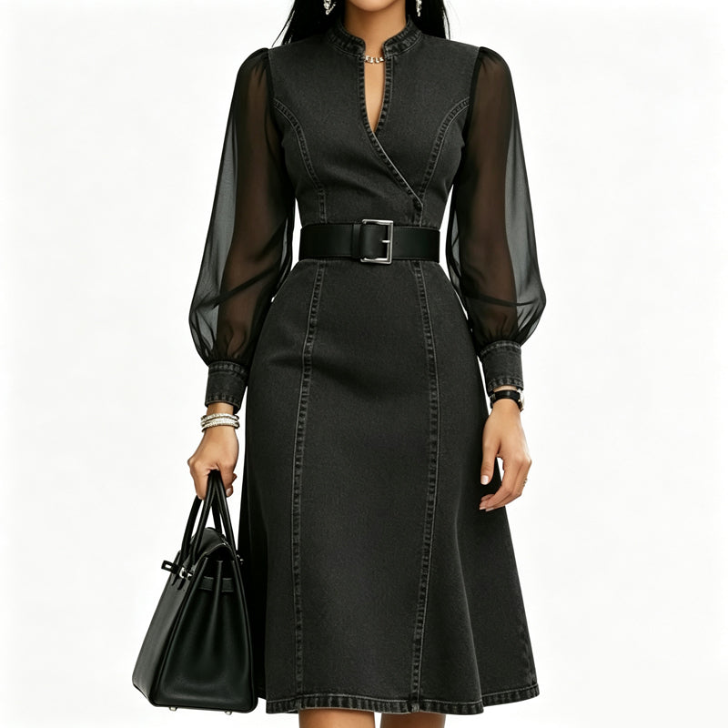 👗 Cinched Waist, Sheer Sleeve Detail | Women's Slimming Denim Dress