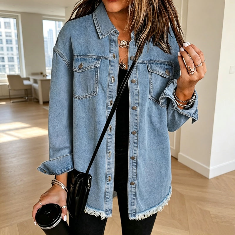 ๐ 50% OFF NOW! ๐ Women's Raw Edge Ripped Denim Jacket โ Street Fashion, Multiple Pockets & Easy to Pair โจ