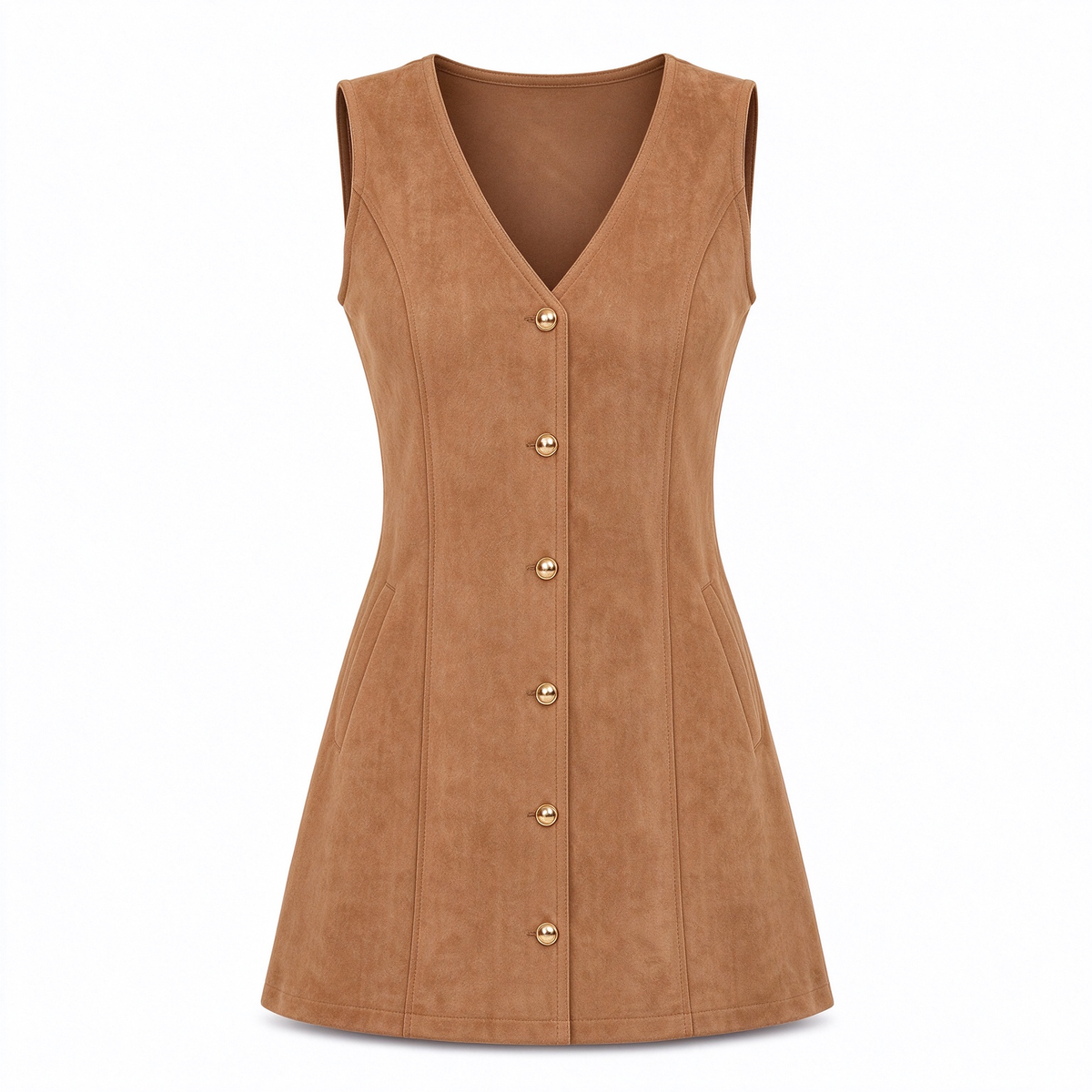 Classic Faux Suede V Neck Button Front Sleeveless Pinafore Dress