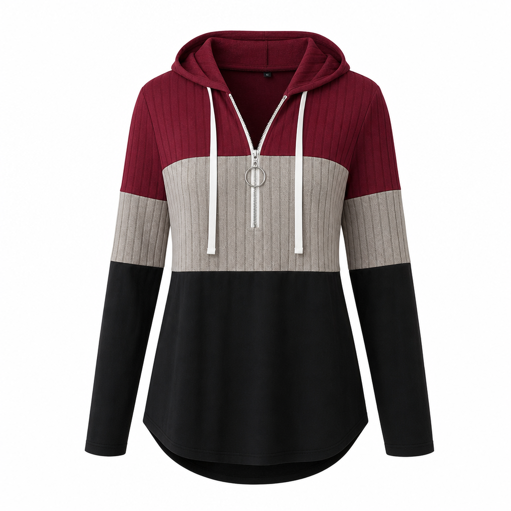 Women Plus Size Color Block Half Zip Drawstring Hooded Sweatshirt