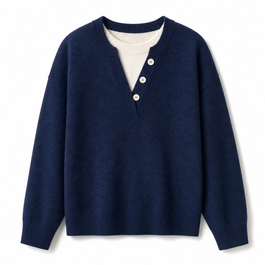 ๐Black Friday Mega Deal โ 50% off!๐ Casual Mock Two Piece V Neck Knit Sweater with Button Details