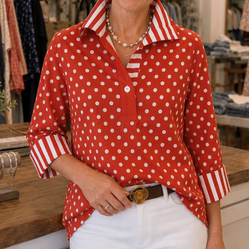 Women's Polka Dot Shirt with Striped Collar