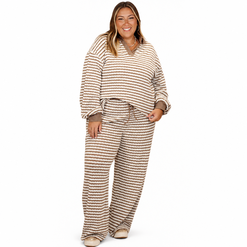 Women's Striped Casual Loungewear Set Long Sleeve V Neck Top and Wide Leg Pants Two Piece Relaxed Fit Set