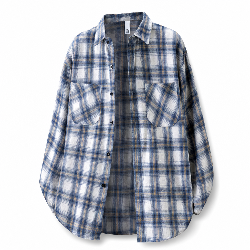 Unisex Casual Loose Fit Plaid Button Down Shirt Top for Men and Women