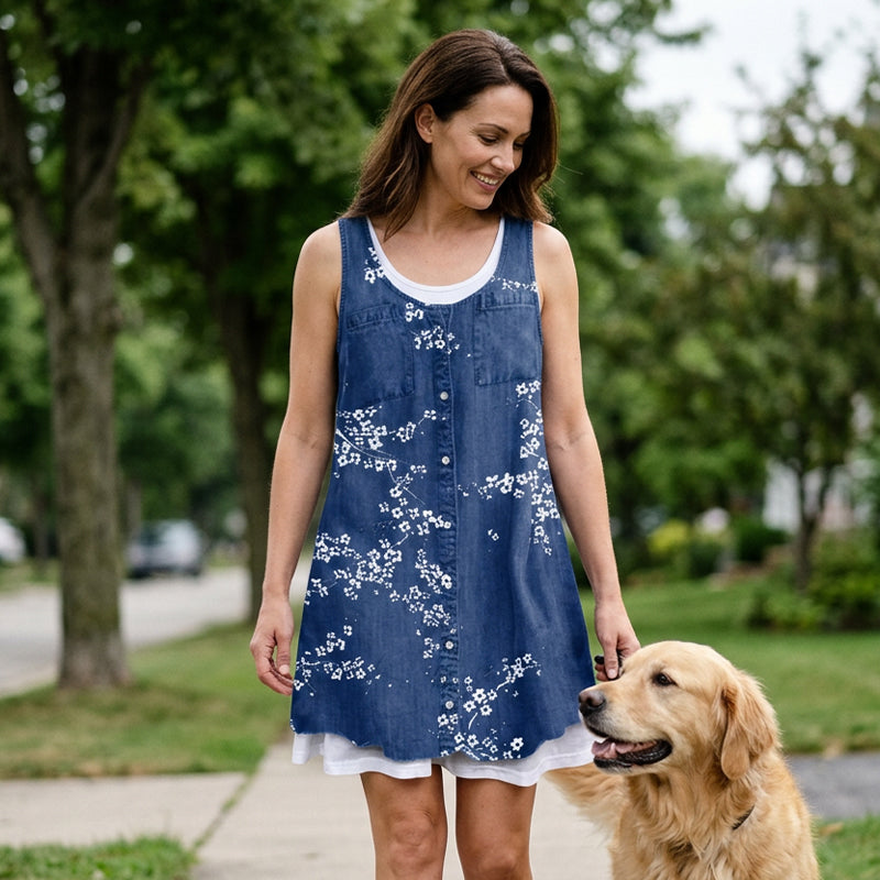 Women's Faux Two-Piece Denim Print Dress
