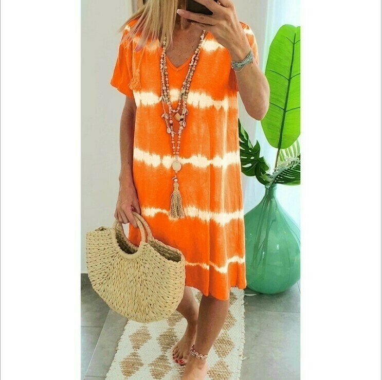 👗Tie-Dye Striped Short Sleeve T-Shirt Dress – Soft & flowy – Perfect for summer, beach or casual days – comfortable and stylish 🌊✨