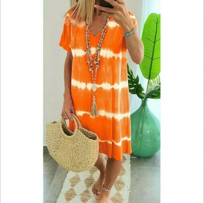 👗Tie-Dye Striped Short Sleeve T-Shirt Dress – Soft & flowy – Perfect for summer, beach or casual days – comfortable and stylish 🌊✨