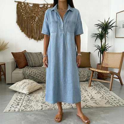 👗 50% OFF NOW! 👖 Casual Pocket Denim Midi Shirt Dress – Soft denim & relaxed fit – Functional pockets, perfect for everyday casual – comfortable and versatile ✨🌸