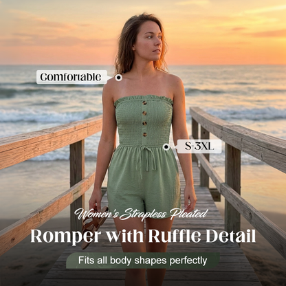 💃Women's Strapless Frill Trim Shirred Tie Front Wide Leg Tube Romper