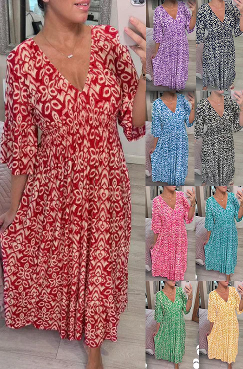 💖LAST DAY SALE 50% OFF💖Bohemian casual print V-neck waist wrap long dress