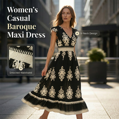 👗Women's V-Neck Baroque Print Flowy Maxi Dress