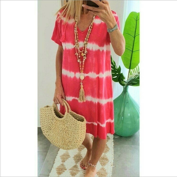 👗Tie-Dye Striped Short Sleeve T-Shirt Dress – Soft & flowy – Perfect for summer, beach or casual days – comfortable and stylish 🌊✨