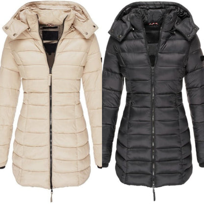 Winter women's mid-length padded jacket warm solid color hooded jacket