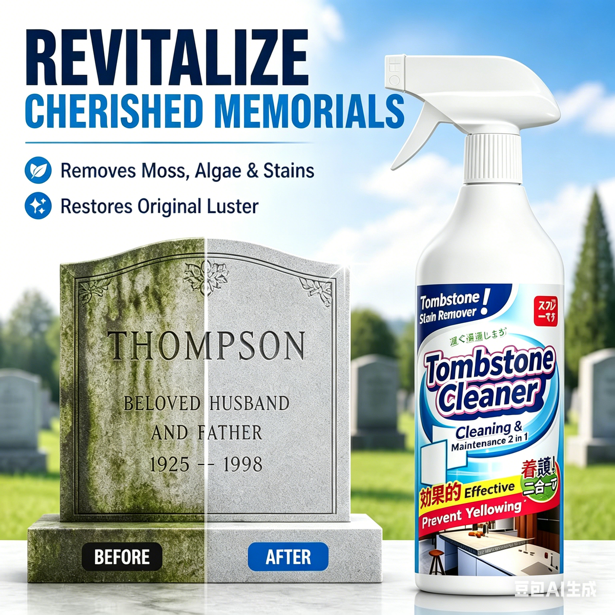 🔥Graveyard Moss Cleaner-Multi-functional stain remover spray-professionally removes moss and dirt from tombstones, stone cleaner