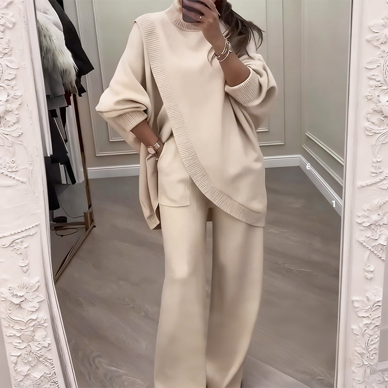 ! Women's 2-piece set – Asymmetrical sweater + wide-leg pants, relaxed fit and soft fabric, ultra comfortable 👚✨