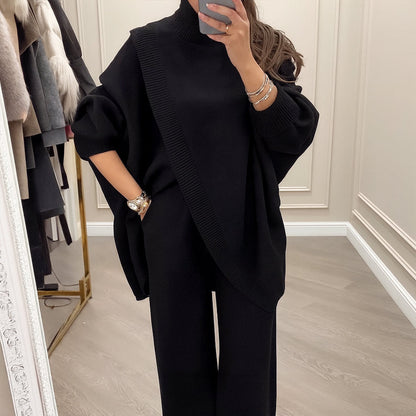 ! Women's 2-piece set – Asymmetrical sweater + wide-leg pants, relaxed fit and soft fabric, ultra comfortable 👚✨