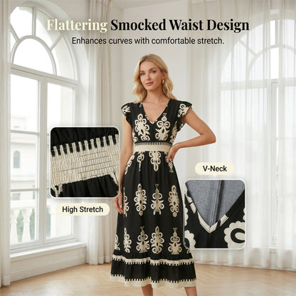 👗Women's V-Neck Baroque Print Flowy Maxi Dress