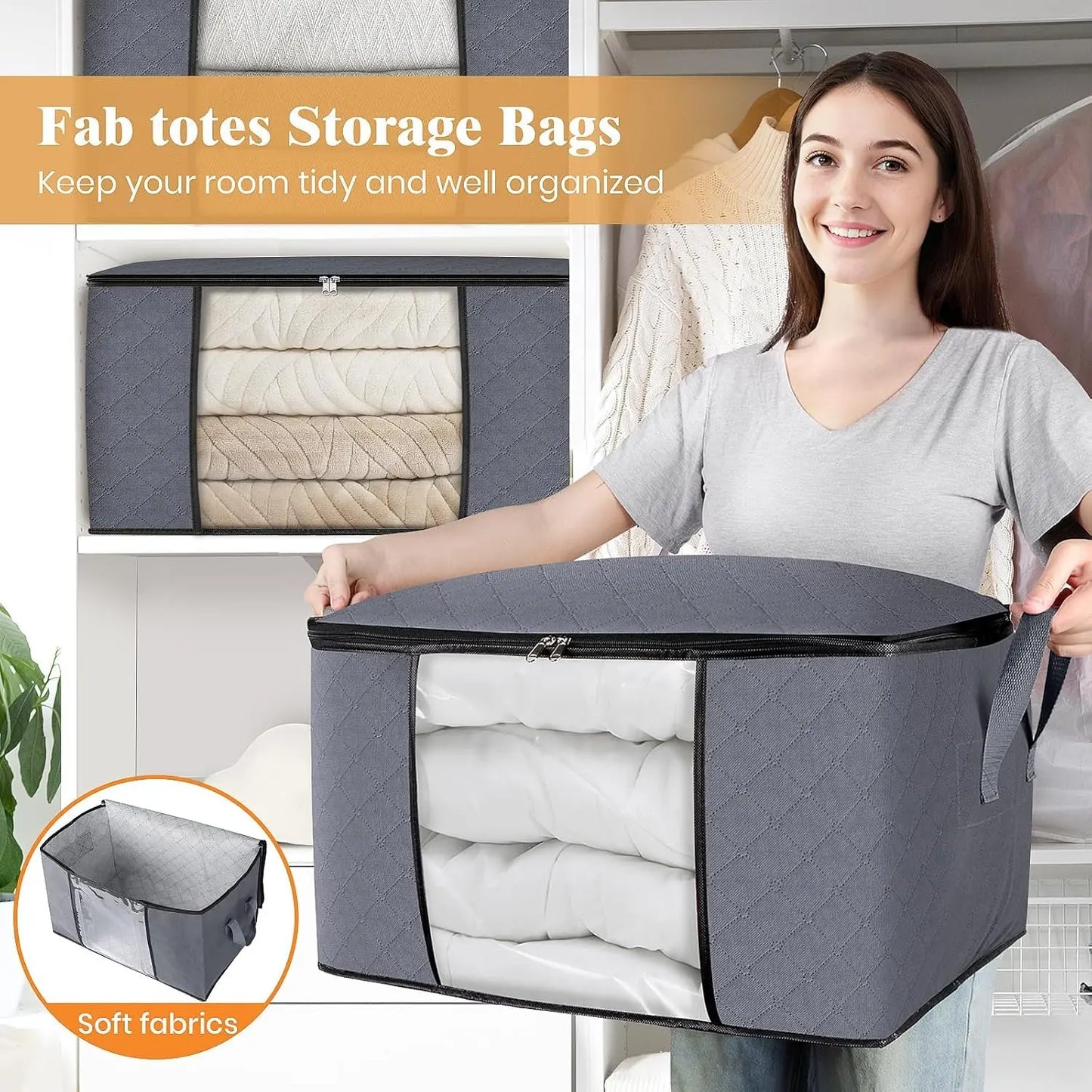 6-piece/12 piece clothing storage bag with foldable thick cloth blanket, used for organizing clothing storage bags and bedding bags (gray)