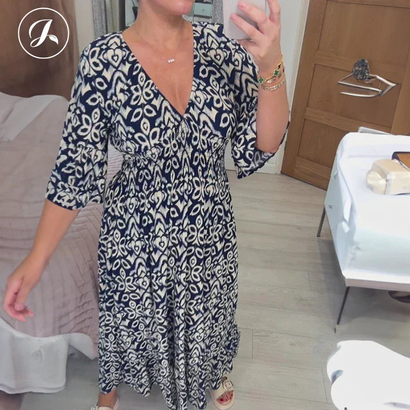 💖LAST DAY SALE 50% OFF💖Bohemian Casual Print V-neck Waist Wrap Long Dress