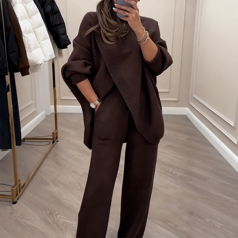 ! Women's 2-piece set – Asymmetrical sweater + wide-leg pants, relaxed fit and soft fabric, ultra comfortable 👚✨