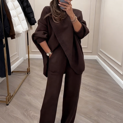 ! Women's 2-piece set – Asymmetrical sweater + wide-leg pants, relaxed fit and soft fabric, ultra comfortable 👚✨