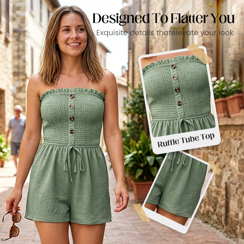💃Women's Strapless Frill Trim Shirred Tie Front Wide Leg Tube Romper