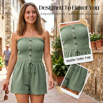 💃Women's Strapless Frill Trim Shirred Tie Front Wide Leg Tube Romper