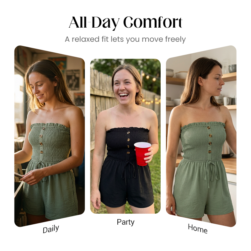 💃Women's Strapless Frill Trim Shirred Tie Front Wide Leg Tube Romper