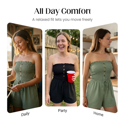 💃Women's Strapless Frill Trim Shirred Tie Front Wide Leg Tube Romper