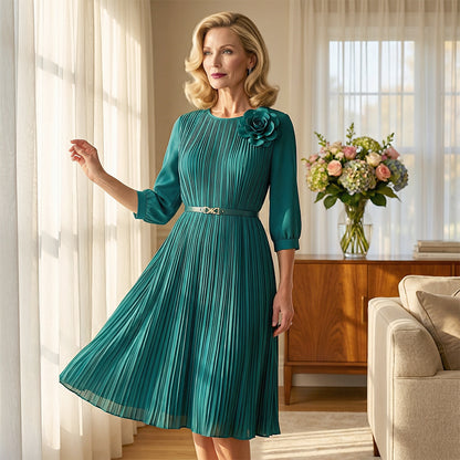Women's 3/4 Sleeve Pleated Midi Dress with Belt