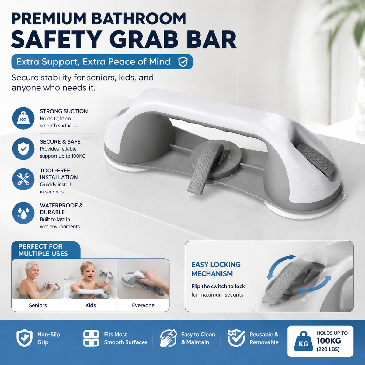 🔥50% OFF! Drill-Free Suction Grab Bar🚿 No Drilling! Instant Safety Support!