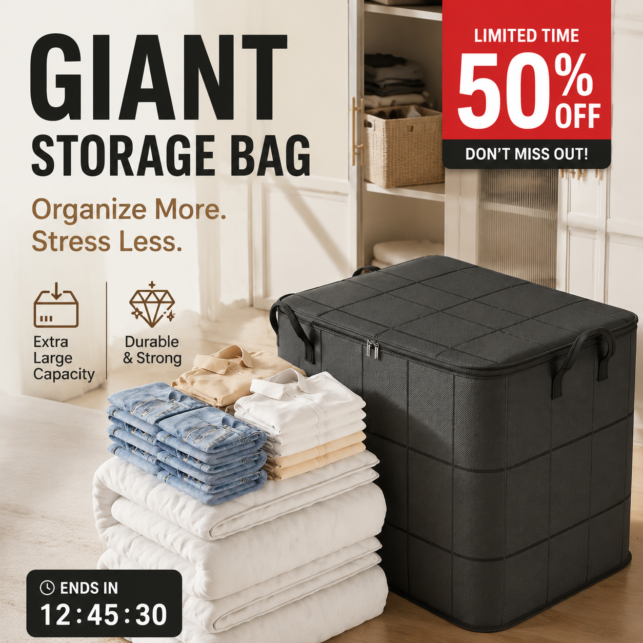 🧺 50% OFF! 🛏️ Dust covers for comforters & bedding – large capacity, durable non-woven fabric & foldable design – perfect for seasonal storage 🌿