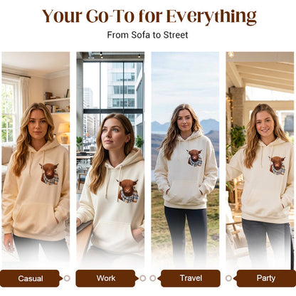 🐮🎁Cute Highland Cow Cozy Fleece-Lined Hooded Sweatshirt