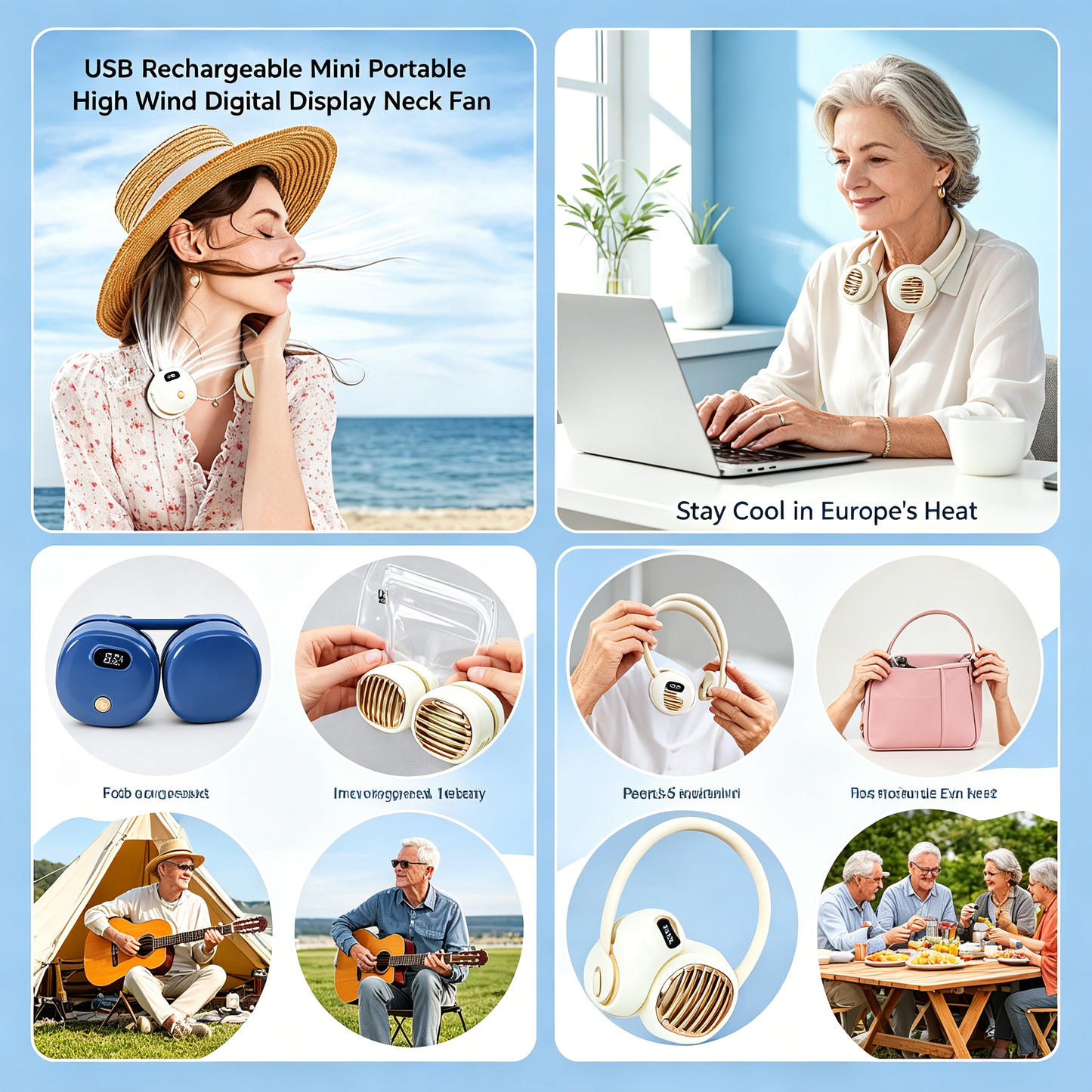 Foldable USB Rechargeable Neck Hanging Fan
