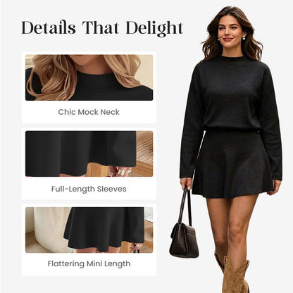 Women's Mock Neck Knit A-Line Mini Dress
