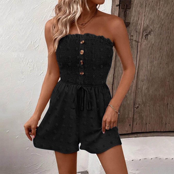 💃Women's Strapless Frill Trim Shirred Tie Front Wide Leg Tube Romper