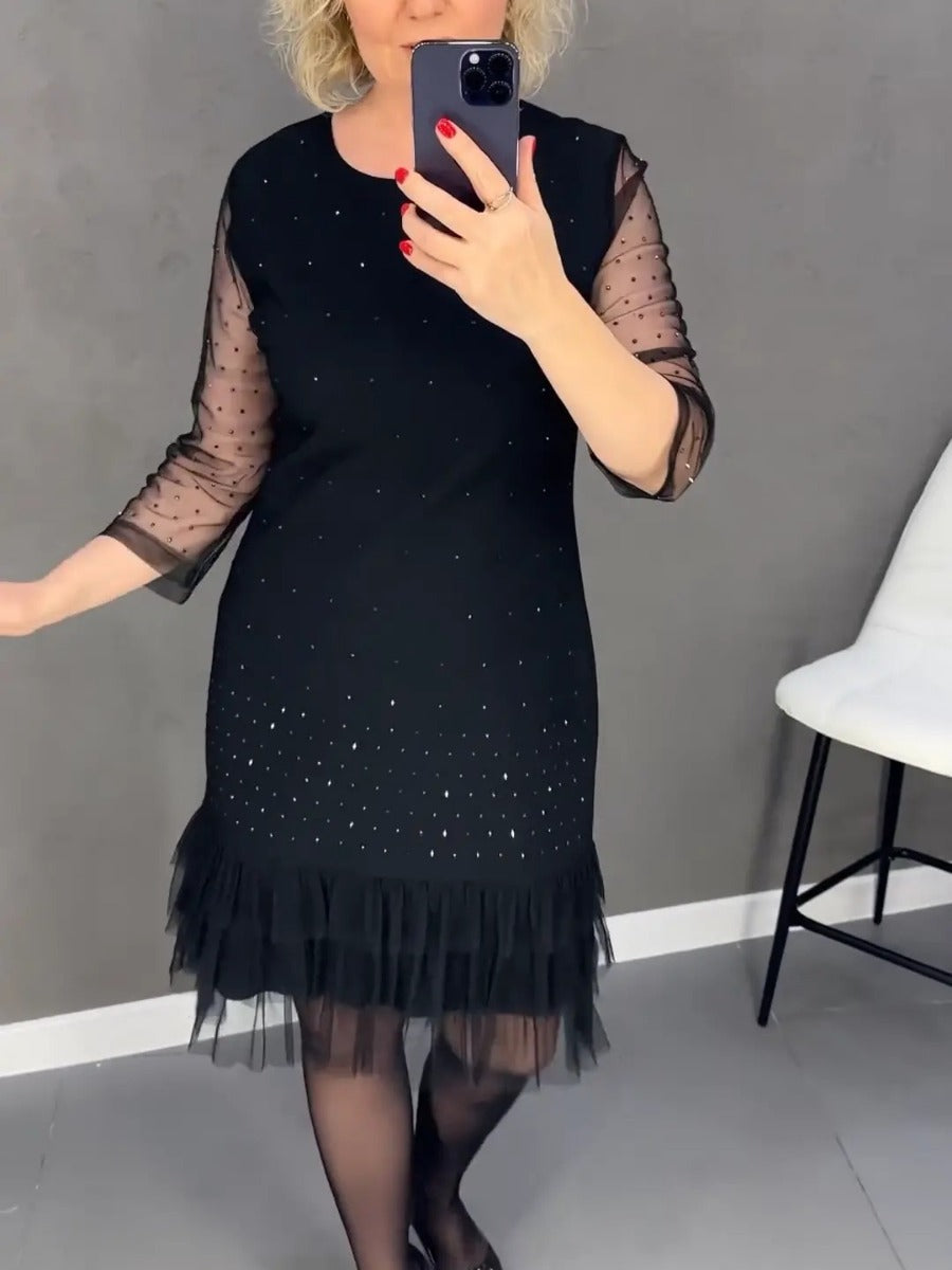 ✨ Flattering Elegance | Women's Rhinestone Round-Neck Midi Dress